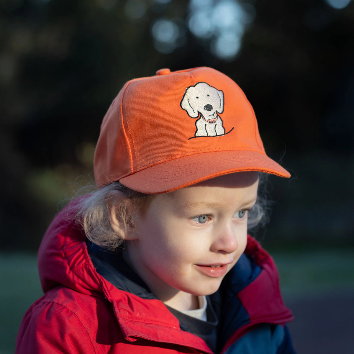 Children's Baseball Cap in Bright Orange Organic Cotton with Golden Retriever Embroidered Patch
