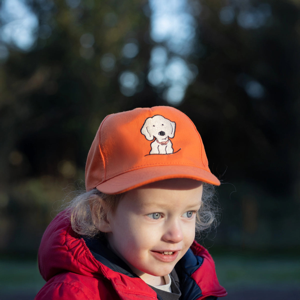 Children's Baseball Cap in Bright Orange Organic Cotton with Golden Retriever Embroidered Patch