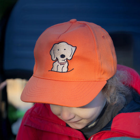 Children's Baseball Cap in Bright Orange Organic Cotton with Golden Retriever Embroidered Patch