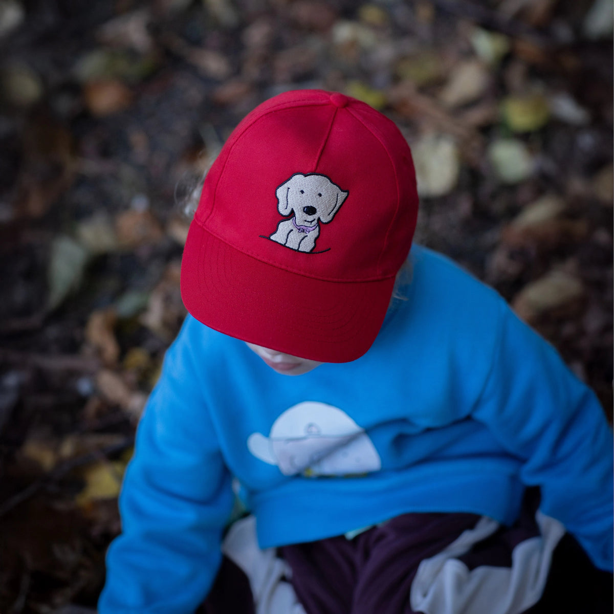 Children's Baseball Cap in Red Organic Cotton with Golden Retriever Embroidered Patch