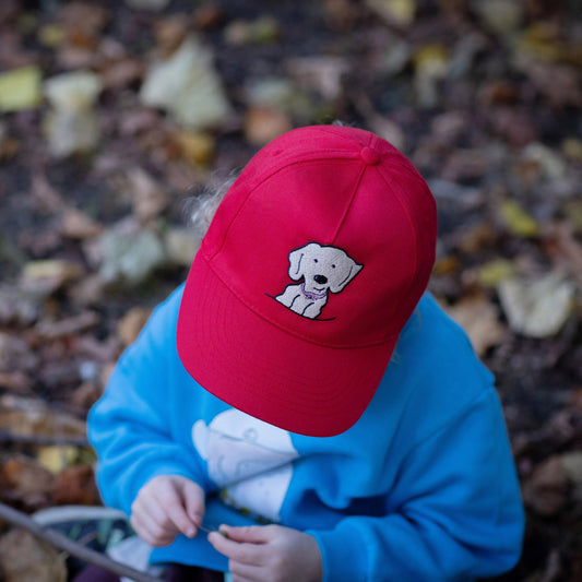 Children's Baseball Cap in Red Organic Cotton with Golden Retriever Embroidered Patch